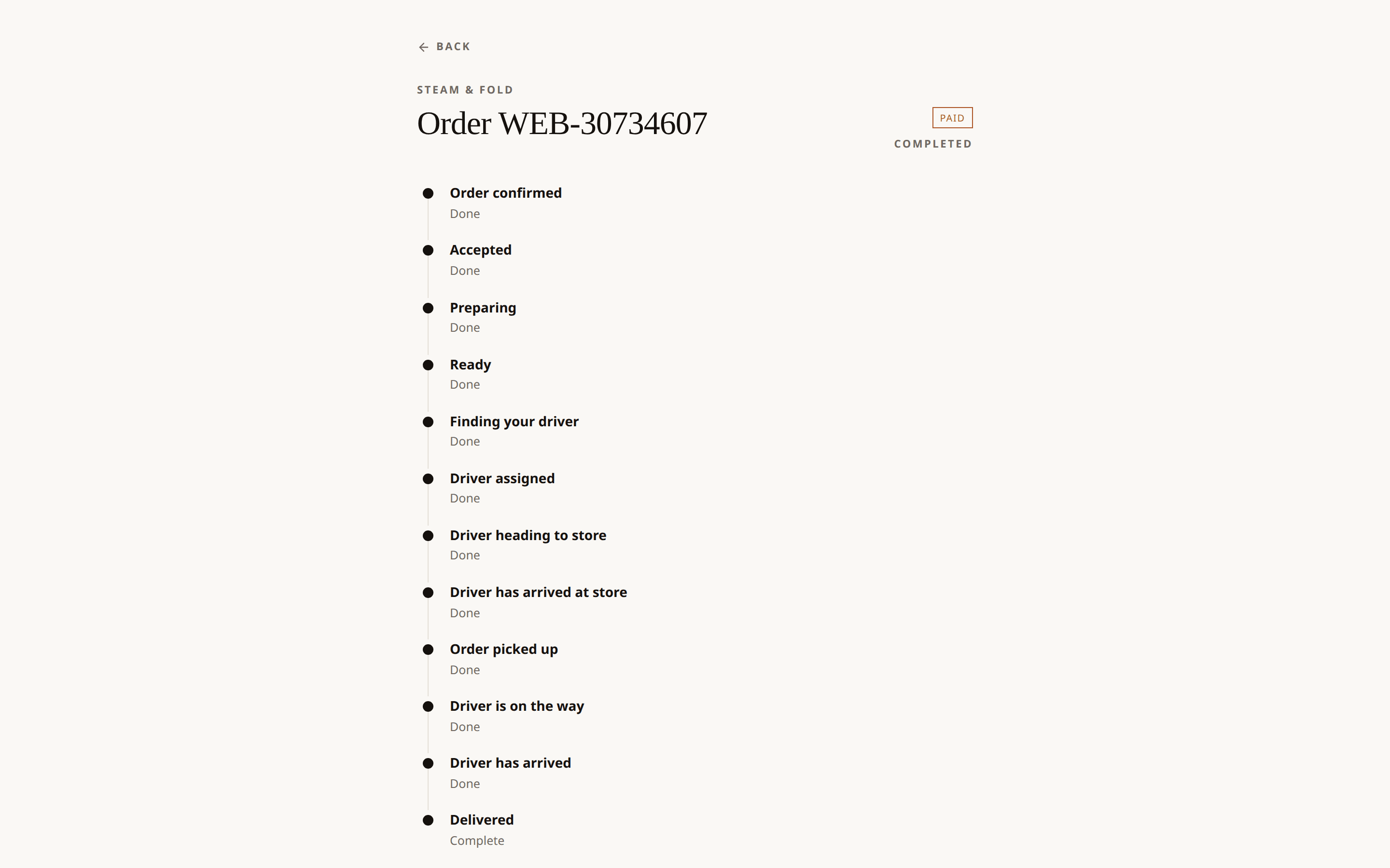 The Cater Me order status page listing every stage of a completed delivery order from confirmed to delivered