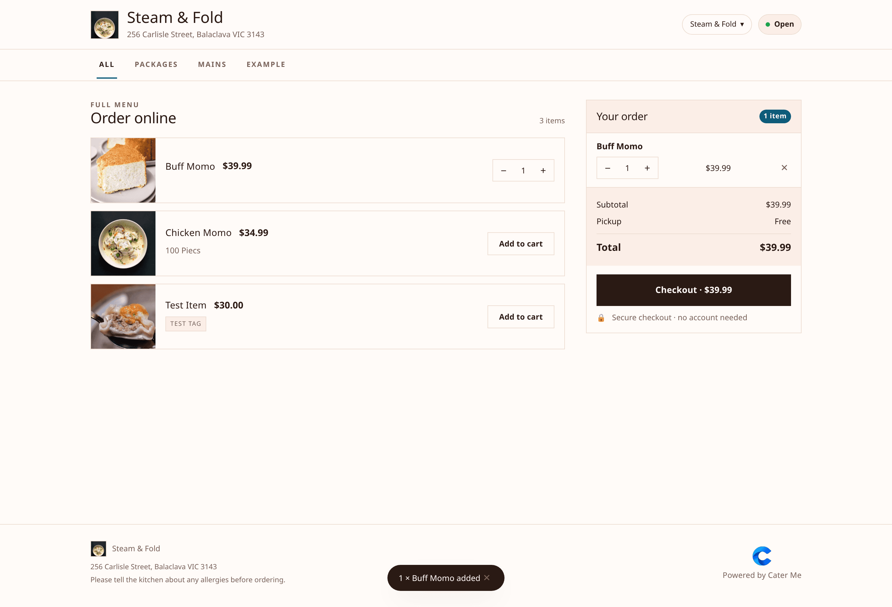 The Cater Me ordering page and order panel side by side: menu items with prices, and the order panel showing subtotal, pickup and total