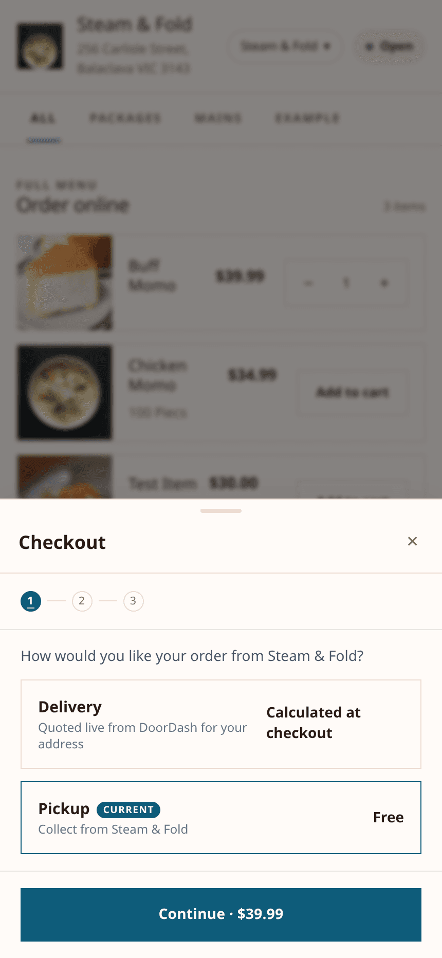 The Cater Me checkout sheet showing the three-step flow and the pickup and delivery options