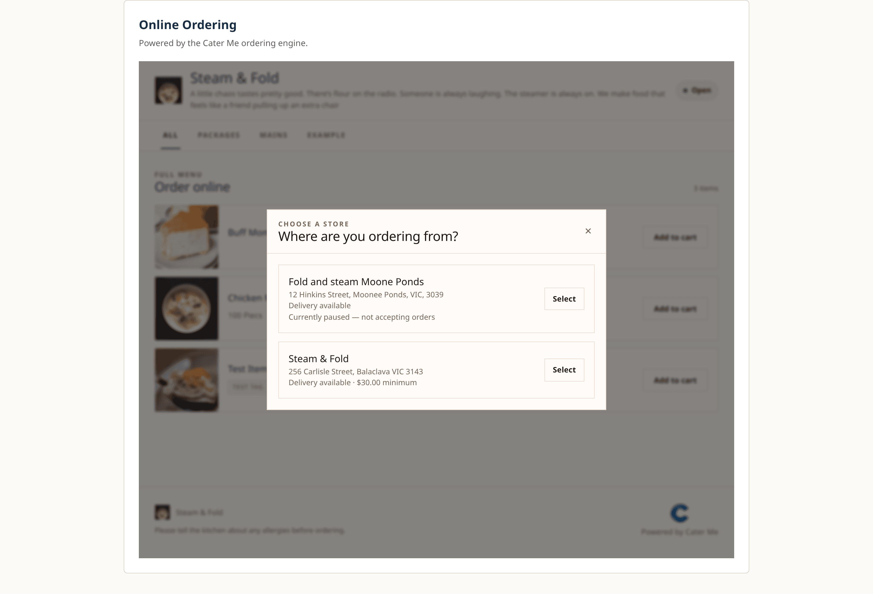 A business website with the Cater Me ordering interface running inside the page, showing the store's menu and order panel