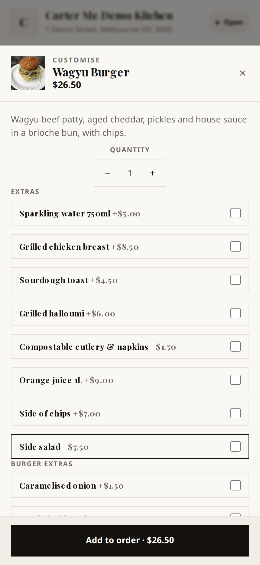 The Cater Me item panel showing quantity controls, paid extras and a running item total