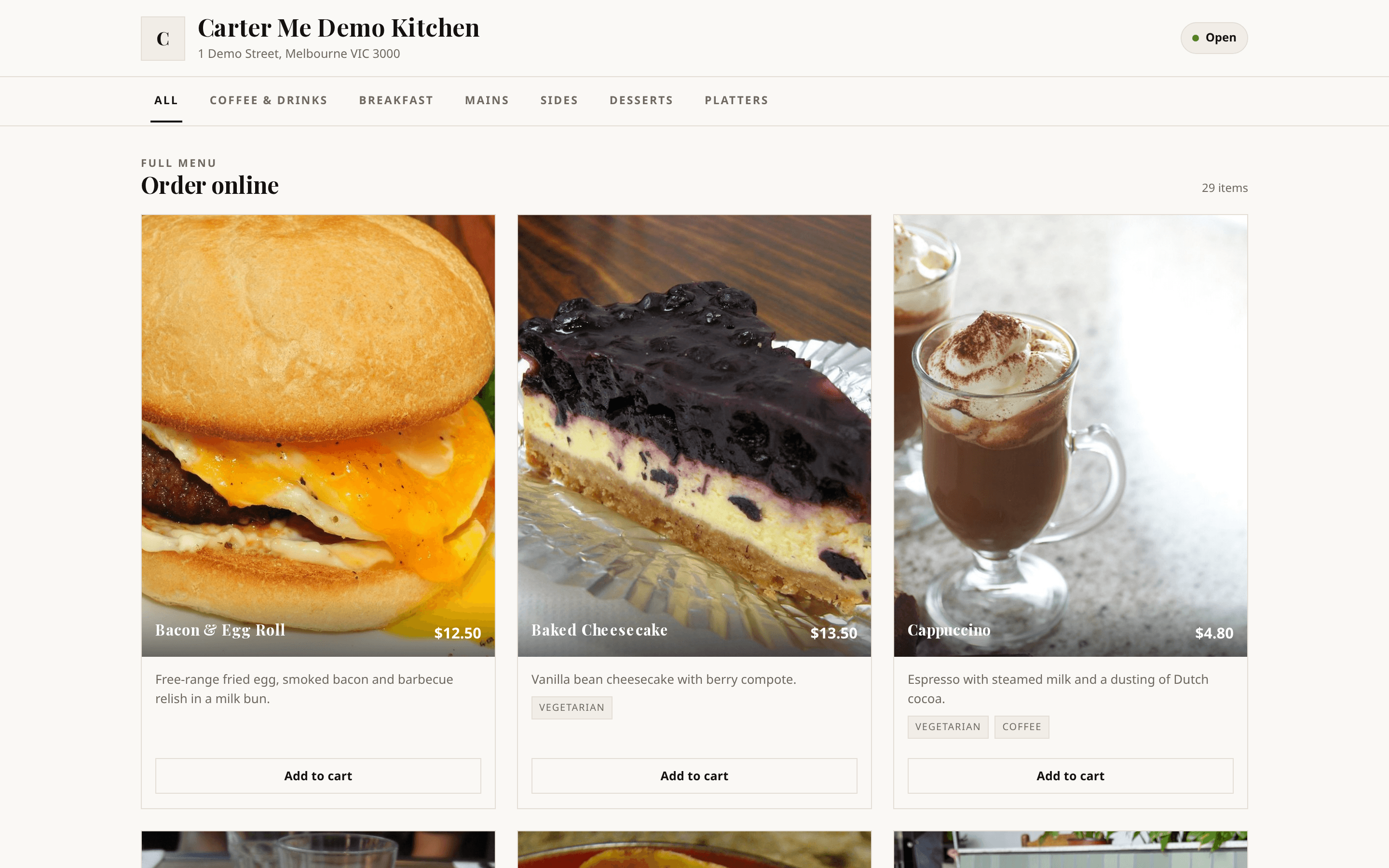 The Cater Me ordering page for a store, showing the store header, category tabs and priced menu items