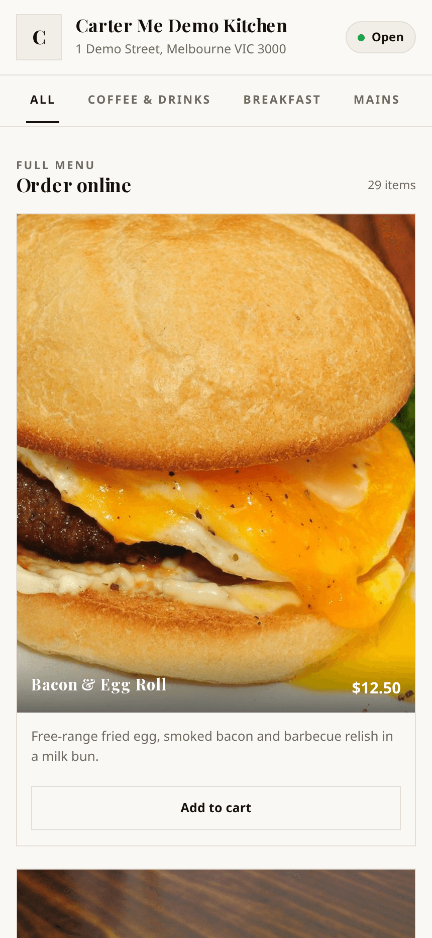 The Cater Me ordering site on a phone: store header with address and opening status, category tabs, and menu items with photos, prices and add-to-cart buttons